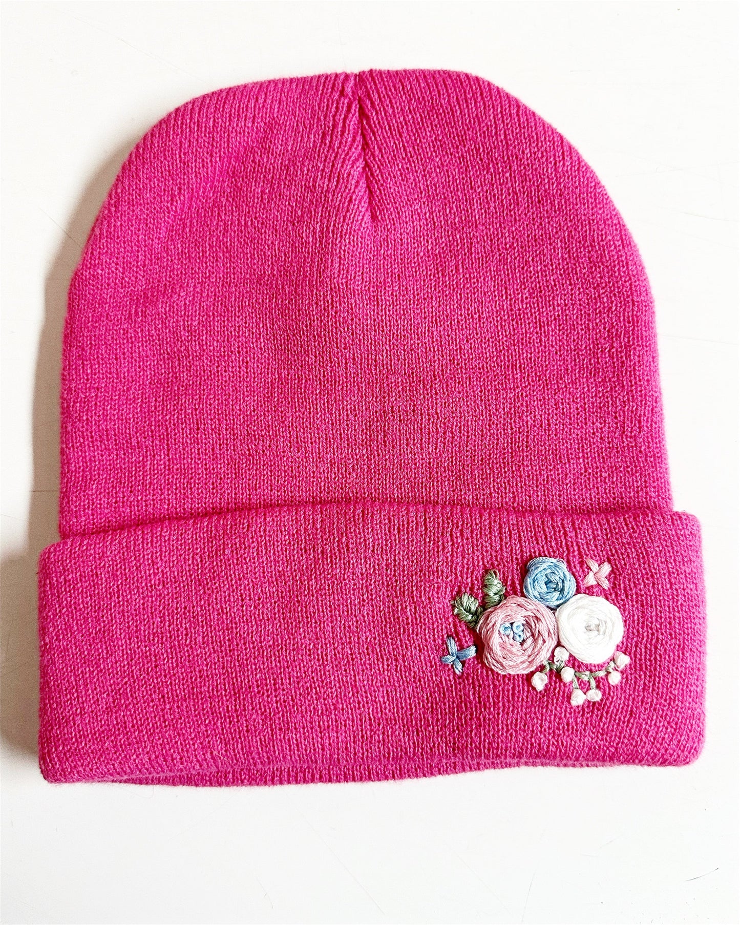Hand Embroidered Floral Beanie: Black