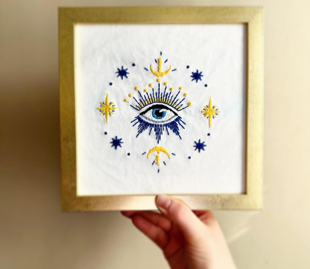 Hand Embroidered All Seeing Eye in Gold Frame