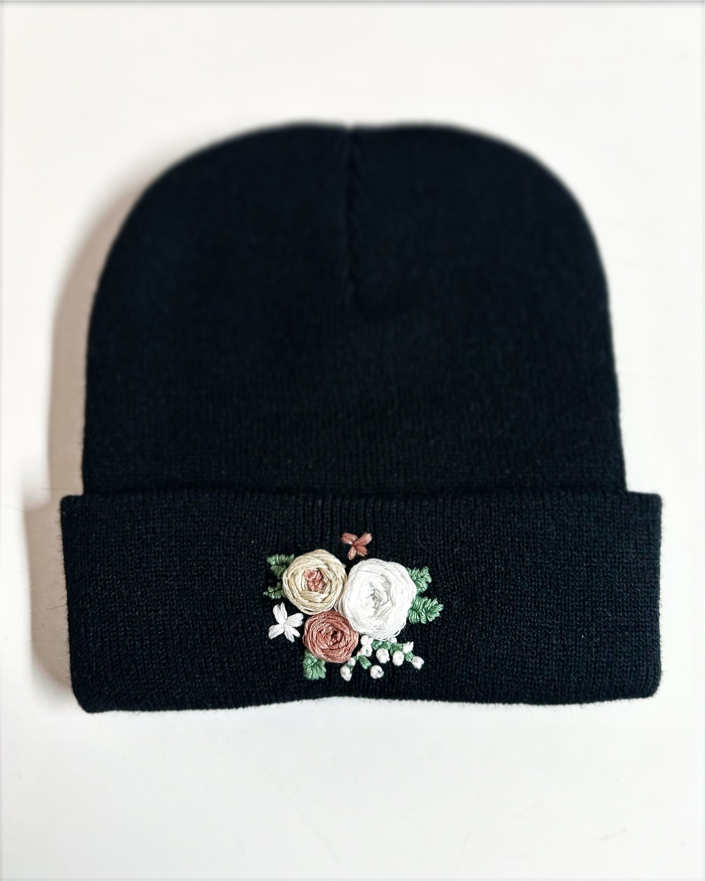 Hand Embroidered Floral Beanie: Grey