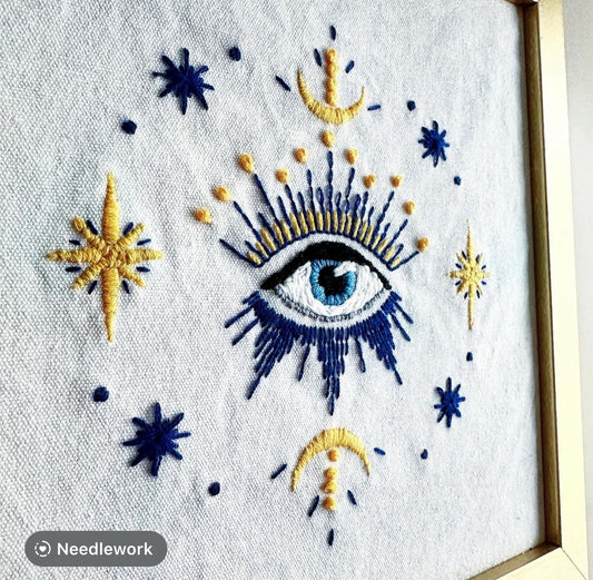 Hand Embroidered All Seeing Eye in Gold Frame