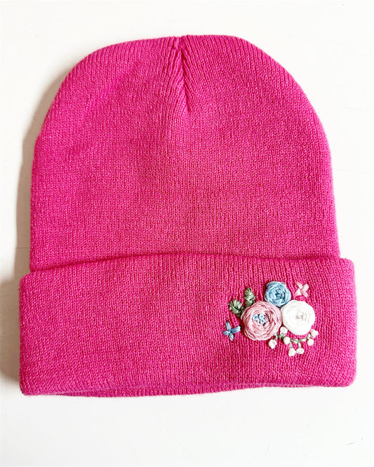 Hand Embroidered Floral Beanie: Pink