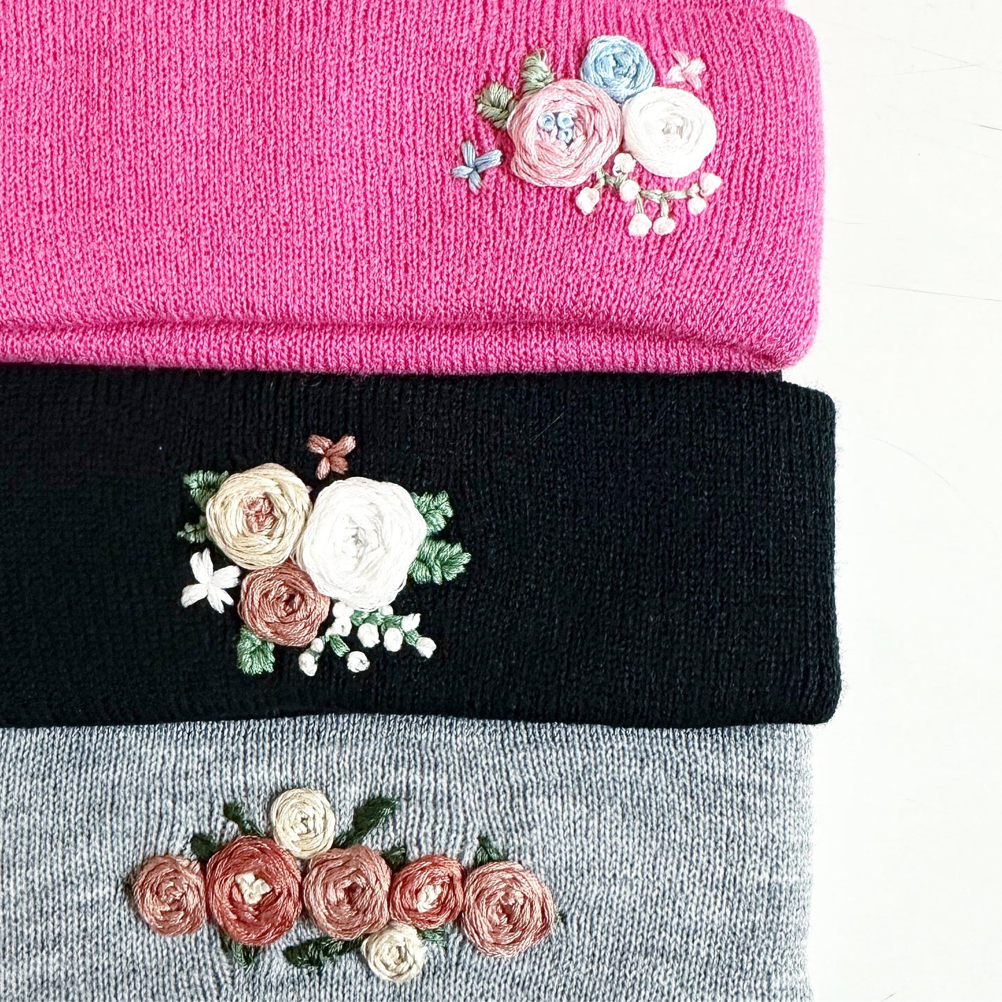Hand Embroidered Floral Beanie: Black