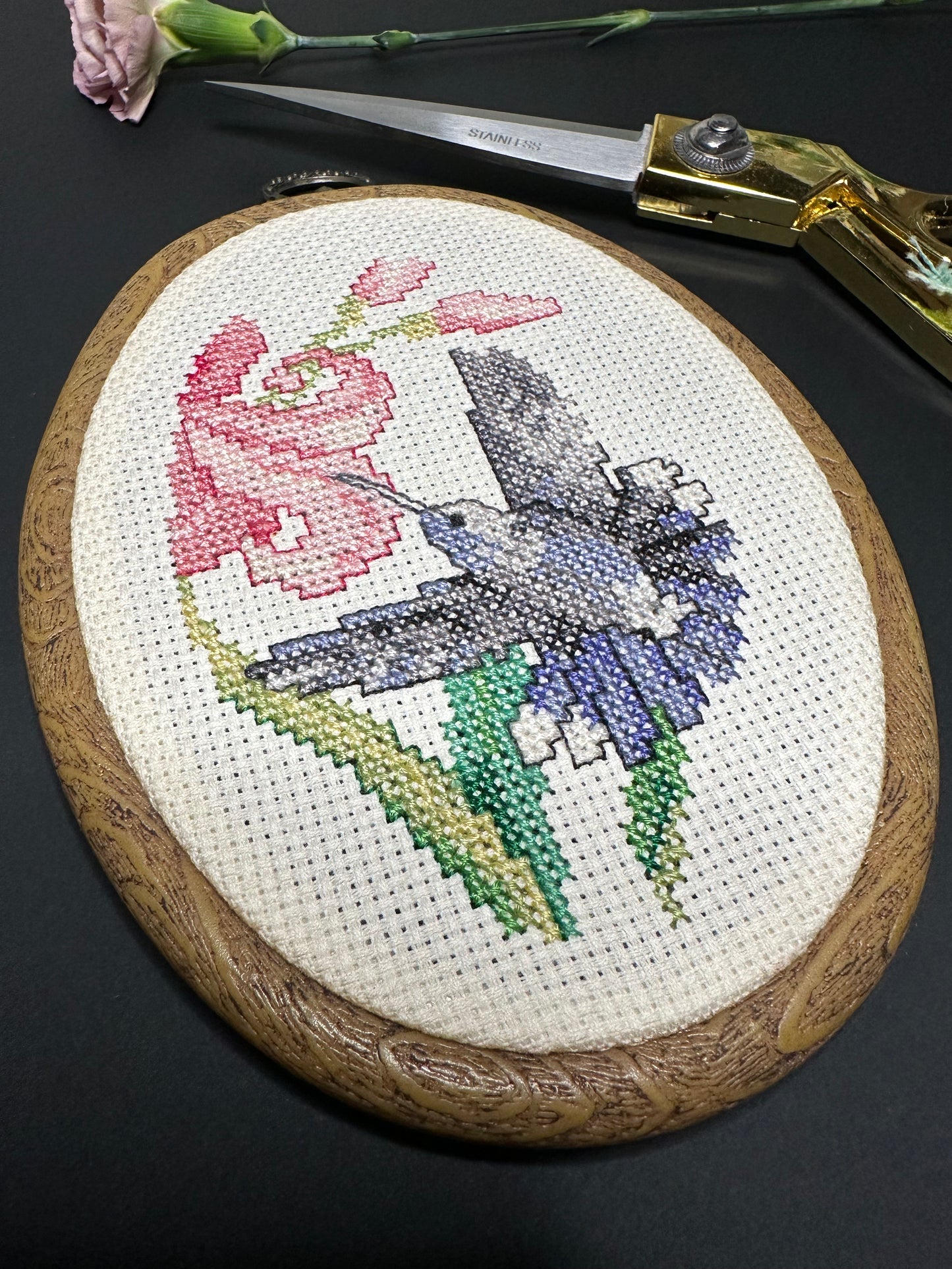 Hummingbird and Flower Cross Stitch Needlework in Gold Frame