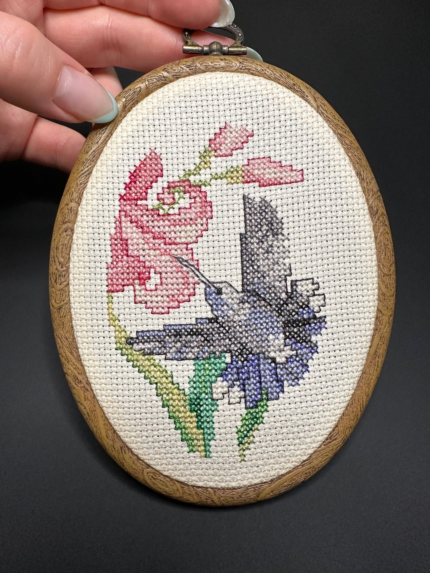Hummingbird and Flower Cross Stitch Needlework in Gold Frame