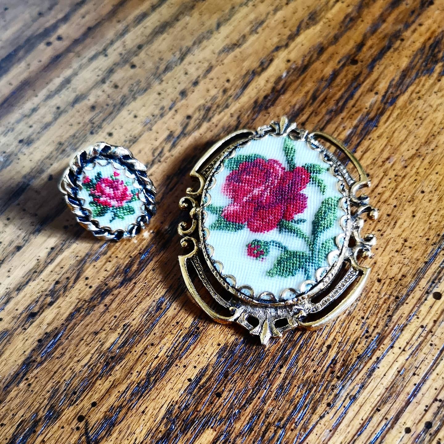 Vintage Victorian Red Rose cross stitch brooch ring set