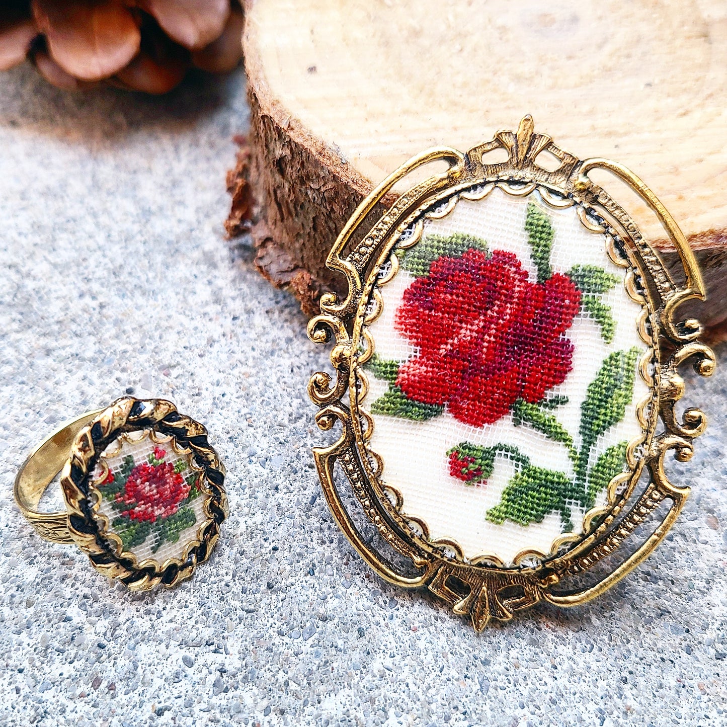 Vintage Victorian Red Rose cross stitch brooch ring set